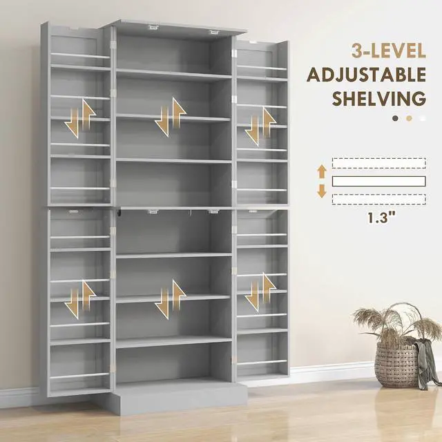 Alt view image 5 of 7 - 65" Kitchen Pantry Storage Cabinet 16 Door Shelves Gray | Freestanding Kitchen Cabinet, 4 Doors, 8-Tier Shelving, Adjustable Shelves