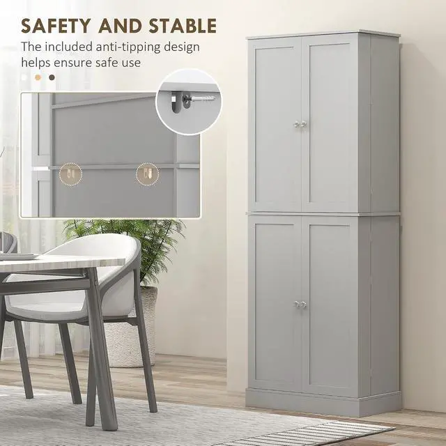 Alt view image 6 of 7 - 65" Kitchen Pantry Storage Cabinet 16 Door Shelves Gray | Freestanding Kitchen Cabinet, 4 Doors, 8-Tier Shelving, Adjustable Shelves