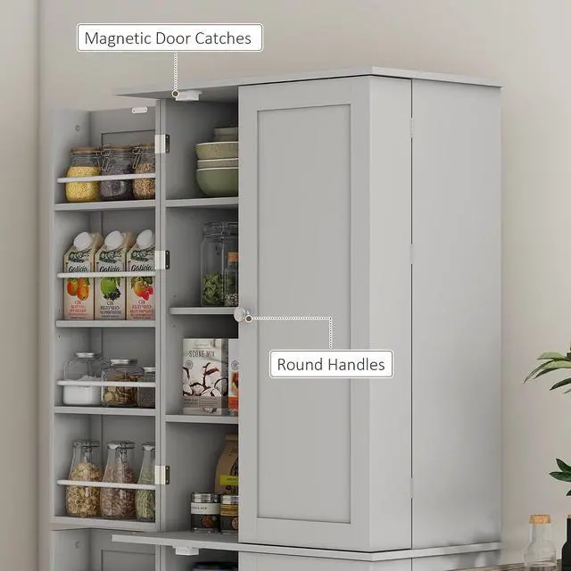 Alt view image 7 of 7 - 65" Kitchen Pantry Storage Cabinet 16 Door Shelves Gray | Freestanding Kitchen Cabinet, 4 Doors, 8-Tier Shelving, Adjustable Shelves