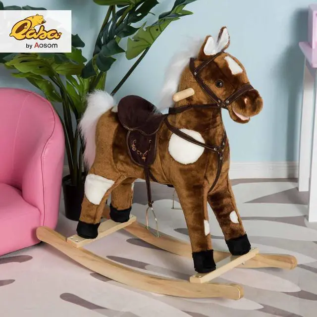 Alt view image 2 of 7 - Qaba Ride-On Rocking Horse Chair Toy with Nursery Rhyme Music Dark Brown | Kids, Metal Plush