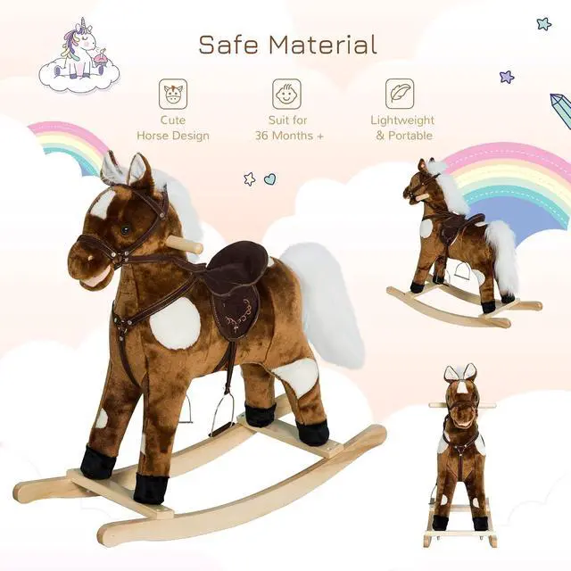 Alt view image 3 of 7 - Qaba Ride-On Rocking Horse Chair Toy with Nursery Rhyme Music Dark Brown | Kids, Metal Plush
