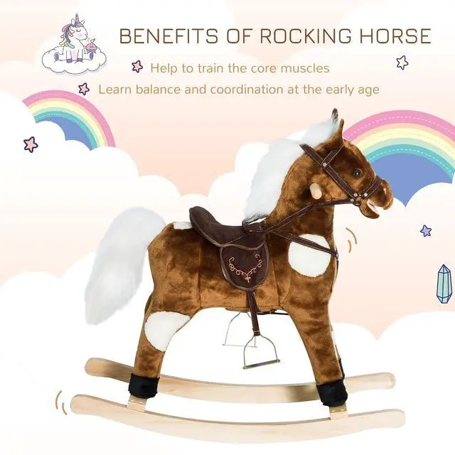 Alt view image 5 of 7 - Qaba Ride-On Rocking Horse Chair Toy with Nursery Rhyme Music Dark Brown | Kids, Metal Plush