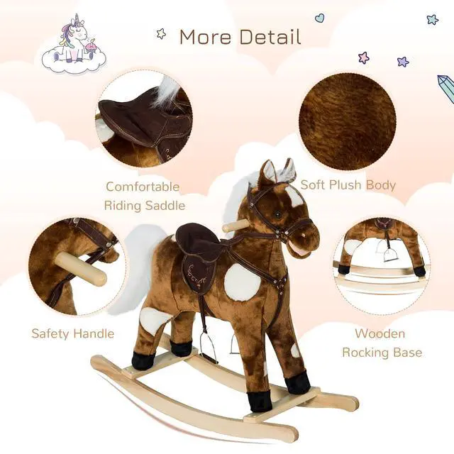 Alt view image 4 of 7 - Qaba Ride-On Rocking Horse Chair Toy with Nursery Rhyme Music Dark Brown | Kids, Metal Plush
