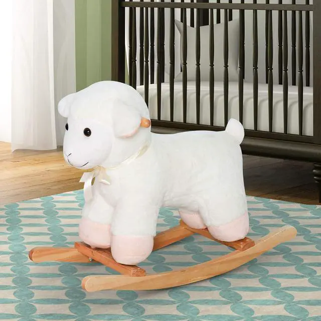 Alt view image 2 of 7 - Qaba Lamb Rocking Horse Sheep Stuffed Animal Ride On Rocker for Kids White | Nursery, Wooden Plush