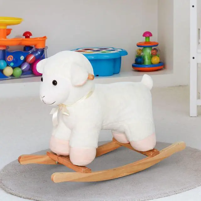 Alt view image 3 of 7 - Qaba Lamb Rocking Horse Sheep Stuffed Animal Ride On Rocker for Kids White | Nursery, Wooden Plush