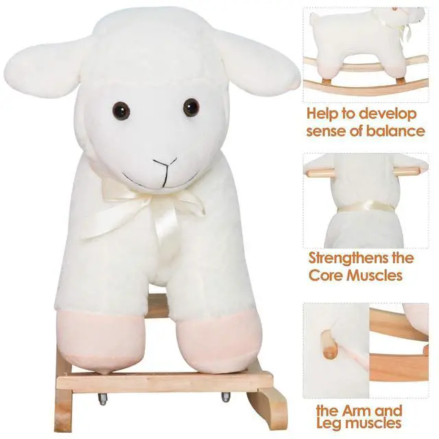 Alt view image 6 of 7 - Qaba Lamb Rocking Horse Sheep Stuffed Animal Ride On Rocker for Kids White | Nursery, Wooden Plush