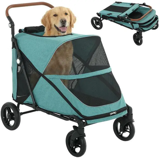 Main image of PawHut Dog Stroller for Large Dogs One-Click 4 Wheel Mesh Window Teal | Folding Large Pet Stroller Wagon for Multiple Pets, All-Terrain Spring Suspension, 8-Position Adjustable Handle, Up to 66 LBS