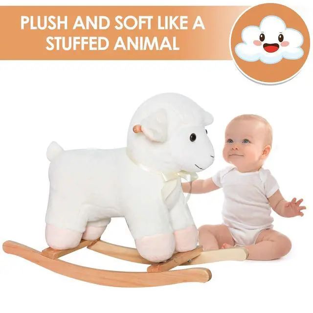 Alt view image 7 of 7 - Qaba Lamb Rocking Horse Sheep Stuffed Animal Ride On Rocker for Kids White | Nursery, Wooden Plush