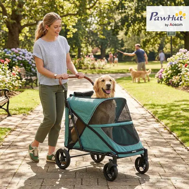 Alt view image 2 of 7 - PawHut Dog Stroller for Large Dogs One-Click 4 Wheel Mesh Window Teal | Folding Large Pet Stroller Wagon for Multiple Pets, All-Terrain Spring Suspension, 8-Position Adjustable Handle, Up to 66 LBS