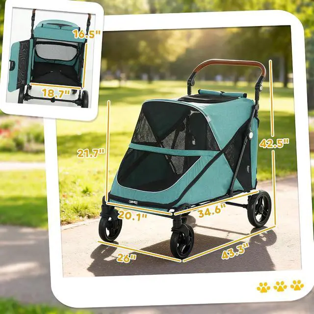 Alt view image 3 of 7 - PawHut Dog Stroller for Large Dogs One-Click 4 Wheel Mesh Window Teal | Folding Large Pet Stroller Wagon for Multiple Pets, All-Terrain Spring Suspension, 8-Position Adjustable Handle, Up to 66 LBS