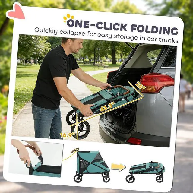 Alt view image 5 of 7 - PawHut Dog Stroller for Large Dogs One-Click 4 Wheel Mesh Window Teal | Folding Large Pet Stroller Wagon for Multiple Pets, All-Terrain Spring Suspension, 8-Position Adjustable Handle, Up to 66 LBS