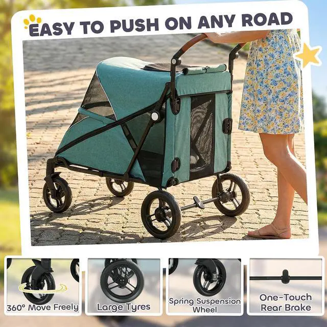 Alt view image 6 of 7 - PawHut Dog Stroller for Large Dogs One-Click 4 Wheel Mesh Window Teal | Folding Large Pet Stroller Wagon for Multiple Pets, All-Terrain Spring Suspension, 8-Position Adjustable Handle, Up to 66 LBS