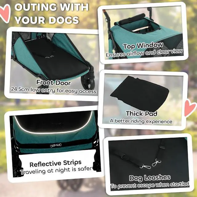 Alt view image 7 of 7 - PawHut Dog Stroller for Large Dogs One-Click 4 Wheel Mesh Window Teal | Folding Large Pet Stroller Wagon for Multiple Pets, All-Terrain Spring Suspension, 8-Position Adjustable Handle, Up to 66 LBS