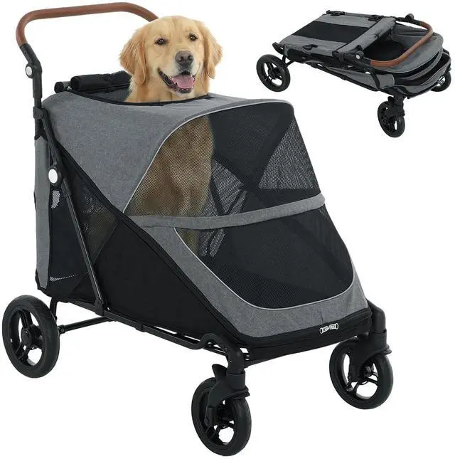 Main image of PawHut Dog Stroller for Large Dogs One-Click Folding 4-Wheel Wagon Gray | Multiple Pets, All-Terrain Spring Suspension, 8-Position Adjustable Handle, Mesh Window, Up to 66 LBS