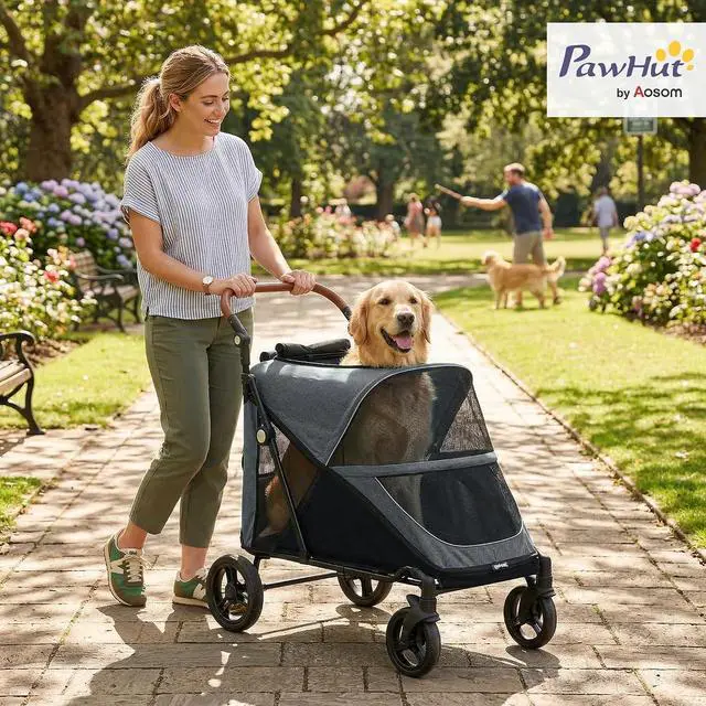 Alt view image 2 of 7 - PawHut Dog Stroller for Large Dogs One-Click Folding 4-Wheel Wagon Gray | Multiple Pets, All-Terrain Spring Suspension, 8-Position Adjustable Handle, Mesh Window, Up to 66 LBS