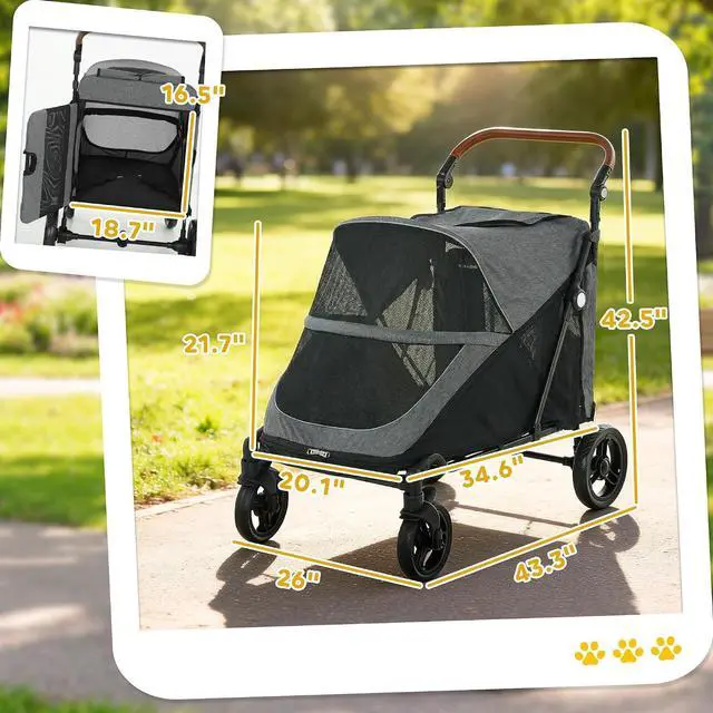 Alt view image 3 of 7 - PawHut Dog Stroller for Large Dogs One-Click Folding 4-Wheel Wagon Gray | Multiple Pets, All-Terrain Spring Suspension, 8-Position Adjustable Handle, Mesh Window, Up to 66 LBS