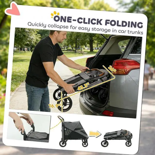 Alt view image 5 of 7 - PawHut Dog Stroller for Large Dogs One-Click Folding 4-Wheel Wagon Gray | Multiple Pets, All-Terrain Spring Suspension, 8-Position Adjustable Handle, Mesh Window, Up to 66 LBS