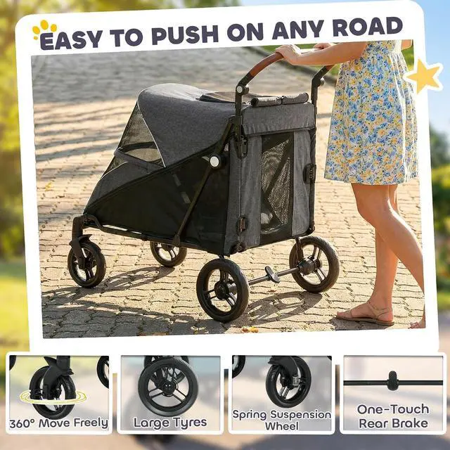 Alt view image 6 of 7 - PawHut Dog Stroller for Large Dogs One-Click Folding 4-Wheel Wagon Gray | Multiple Pets, All-Terrain Spring Suspension, 8-Position Adjustable Handle, Mesh Window, Up to 66 LBS