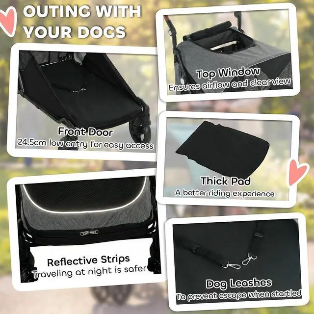 Alt view image 7 of 7 - PawHut Dog Stroller for Large Dogs One-Click Folding 4-Wheel Wagon Gray | Multiple Pets, All-Terrain Spring Suspension, 8-Position Adjustable Handle, Mesh Window, Up to 66 LBS