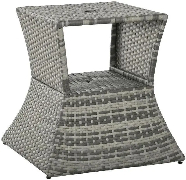 Main image of Outdoor Side Table with Umbrella Hole 2 Tier Wicker Mixed Gray | Rattan End Table, Storage Shelf, All Weather, Patio Garden Backyard