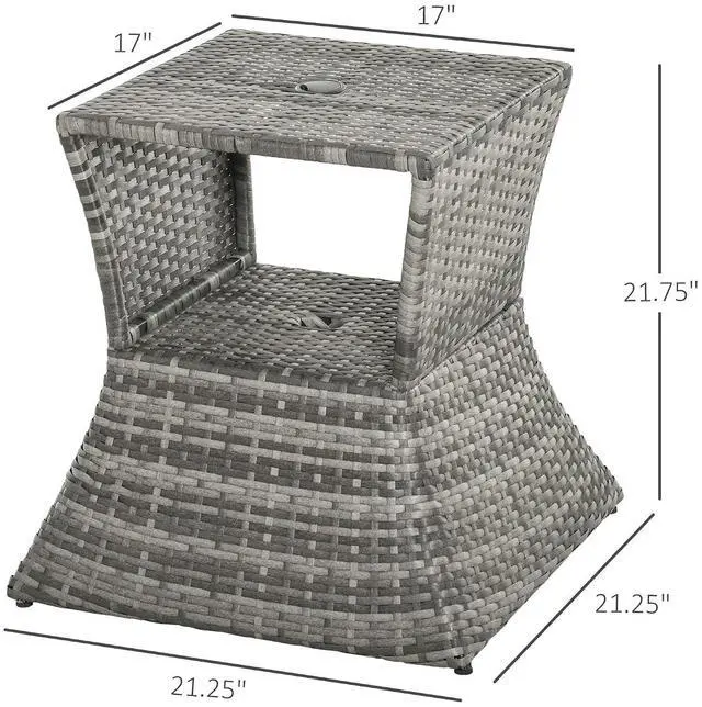 Alt view image 3 of 7 - Outdoor Side Table with Umbrella Hole 2 Tier Wicker Mixed Gray | Rattan End Table, Storage Shelf, All Weather, Patio Garden Backyard