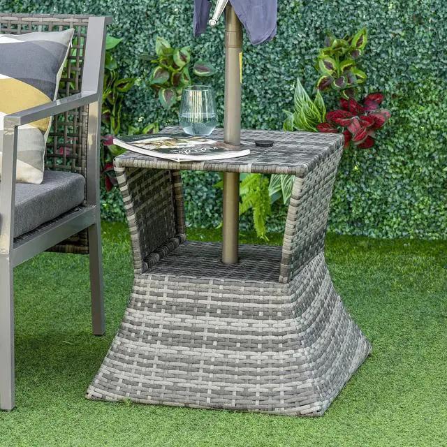 Alt view image 2 of 7 - Outdoor Side Table with Umbrella Hole 2 Tier Wicker Mixed Gray | Rattan End Table, Storage Shelf, All Weather, Patio Garden Backyard