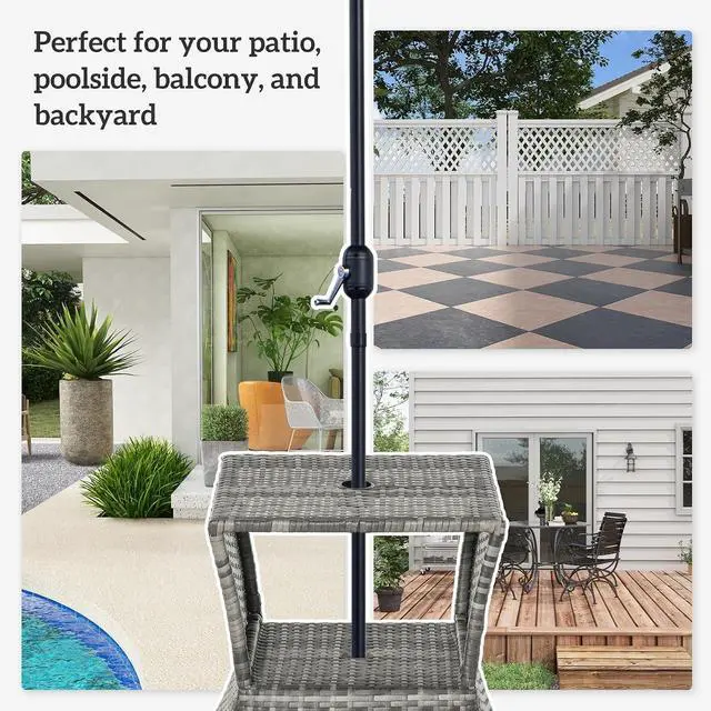 Alt view image 4 of 7 - Outdoor Side Table with Umbrella Hole 2 Tier Wicker Mixed Gray | Rattan End Table, Storage Shelf, All Weather, Patio Garden Backyard