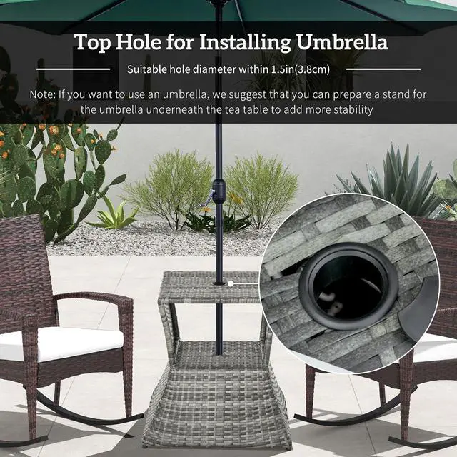 Alt view image 5 of 7 - Outdoor Side Table with Umbrella Hole 2 Tier Wicker Mixed Gray | Rattan End Table, Storage Shelf, All Weather, Patio Garden Backyard