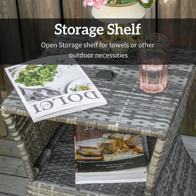 Alt view image 7 of 7 - Outdoor Side Table with Umbrella Hole 2 Tier Wicker Mixed Gray | Rattan End Table, Storage Shelf, All Weather, Patio Garden Backyard