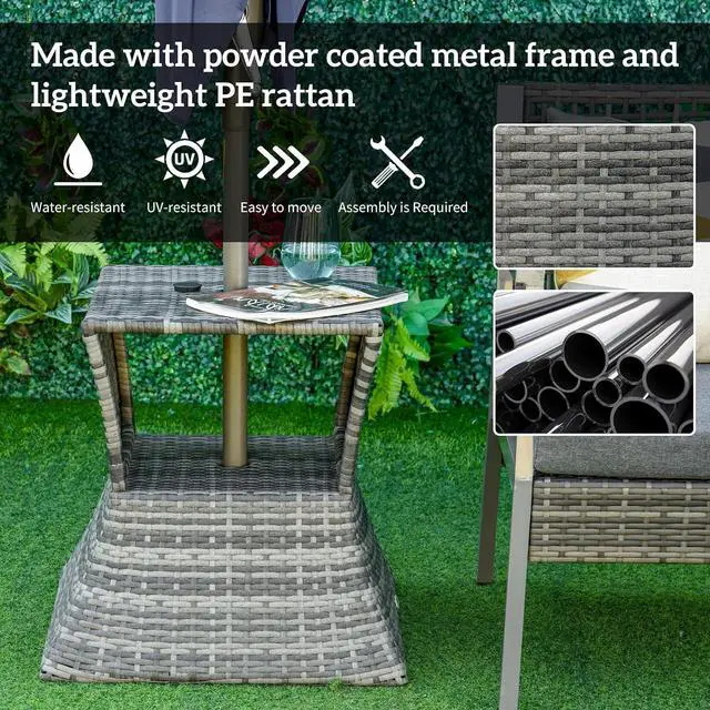 Alt view image 6 of 7 - Outdoor Side Table with Umbrella Hole 2 Tier Wicker Mixed Gray | Rattan End Table, Storage Shelf, All Weather, Patio Garden Backyard