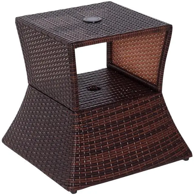 Main image of Outdoor Side Table with Umbrella Hole 2 Tier Wicker Mixed Brown | Rattan End Table, Storage Shelf, All Weather, Patio Garden Backyard