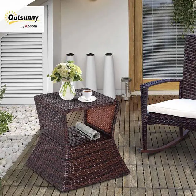 Alt view image 2 of 7 - Outdoor Side Table with Umbrella Hole 2 Tier Wicker Mixed Brown | Rattan End Table, Storage Shelf, All Weather, Patio Garden Backyard