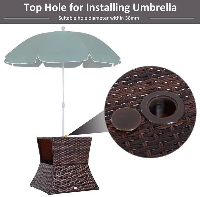Alt view image 4 of 7 - Outdoor Side Table with Umbrella Hole 2 Tier Wicker Mixed Brown | Rattan End Table, Storage Shelf, All Weather, Patio Garden Backyard