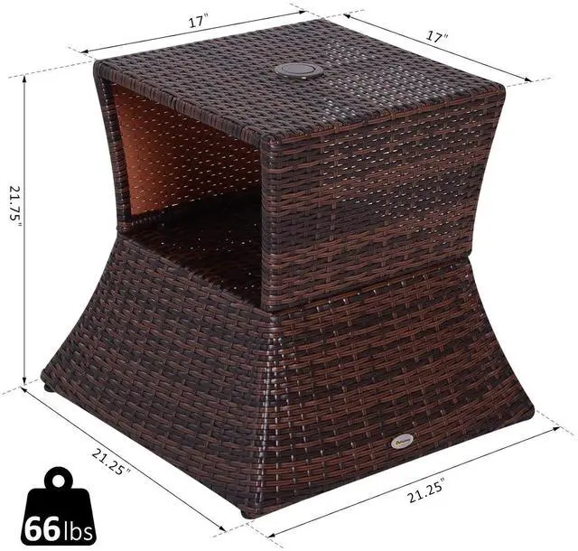Alt view image 3 of 7 - Outdoor Side Table with Umbrella Hole 2 Tier Wicker Mixed Brown | Rattan End Table, Storage Shelf, All Weather, Patio Garden Backyard