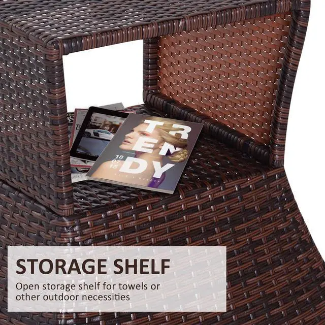 Alt view image 5 of 7 - Outdoor Side Table with Umbrella Hole 2 Tier Wicker Mixed Brown | Rattan End Table, Storage Shelf, All Weather, Patio Garden Backyard
