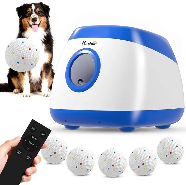 Main image of PawHut Automatic Dog Ball Launcher Remote Control for Large Breeds Blue | Rechargeable Dog Ball Thrower, 3 Adjustable Distance 40ft/60ft/80ft, 6 ETPU Tennis Fetch Toys 2.5"