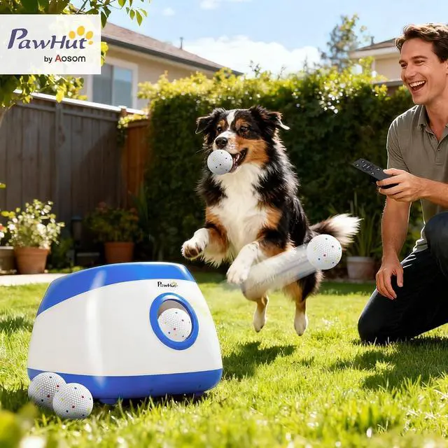 Alt view image 2 of 7 - PawHut Automatic Dog Ball Launcher Remote Control for Large Breeds Blue | Rechargeable Dog Ball Thrower, 3 Adjustable Distance 40ft/60ft/80ft, 6 ETPU Tennis Fetch Toys 2.5"