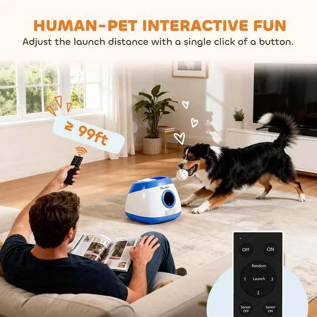 Alt view image 6 of 7 - PawHut Automatic Dog Ball Launcher Remote Control for Large Breeds Blue | Rechargeable Dog Ball Thrower, 3 Adjustable Distance 40ft/60ft/80ft, 6 ETPU Tennis Fetch Toys 2.5"