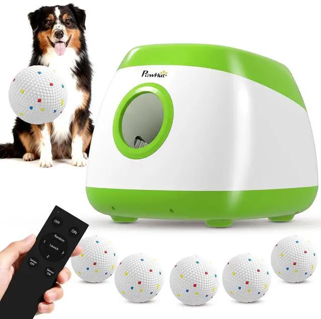 Main image of PawHut Automatic Dog Ball Launcher Remote Control for Large Breeds Green | Rechargeable Dog Ball Thrower, 3 Adjustable Distance 40ft/60ft/80ft, 6 ETPU Tennis Fetch Toys 2.5"
