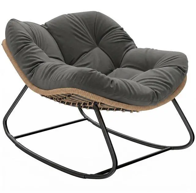 Main image of Papasan Rocking Chair Oversized Indoor Outdoor Cushion Dark Gray | Wicker, PE Rattan, Outdoor Rocker Egg Chairs, Living Room, Garden, Patio, Balcony