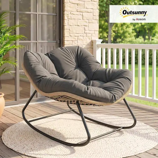 Alt view image 2 of 7 - Papasan Rocking Chair Oversized Indoor Outdoor Cushion Dark Gray | Wicker, PE Rattan, Outdoor Rocker Egg Chairs, Living Room, Garden, Patio, Balcony