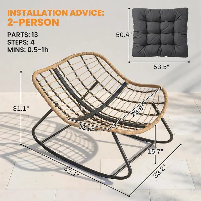 Alt view image 3 of 7 - Papasan Rocking Chair Oversized Indoor Outdoor Cushion Dark Gray | Wicker, PE Rattan, Outdoor Rocker Egg Chairs, Living Room, Garden, Patio, Balcony