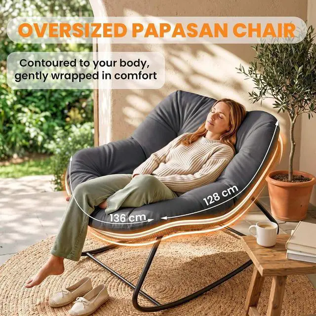 Alt view image 4 of 7 - Papasan Rocking Chair Oversized Indoor Outdoor Cushion Dark Gray | Wicker, PE Rattan, Outdoor Rocker Egg Chairs, Living Room, Garden, Patio, Balcony