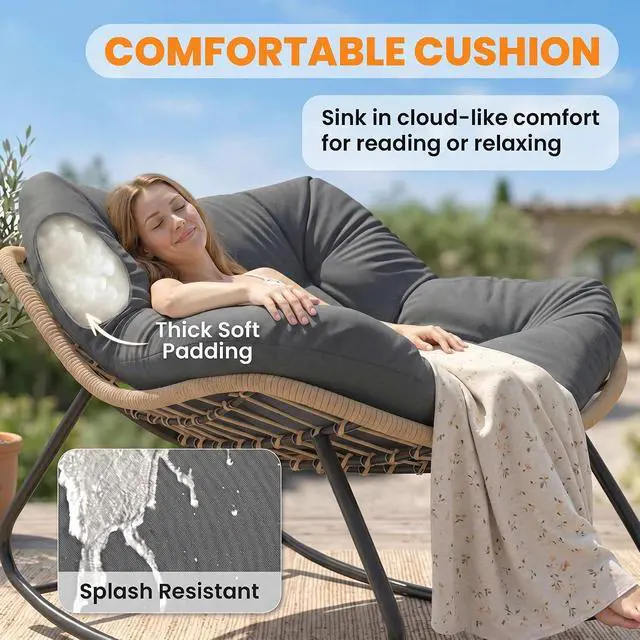 Alt view image 5 of 7 - Papasan Rocking Chair Oversized Indoor Outdoor Cushion Dark Gray | Wicker, PE Rattan, Outdoor Rocker Egg Chairs, Living Room, Garden, Patio, Balcony