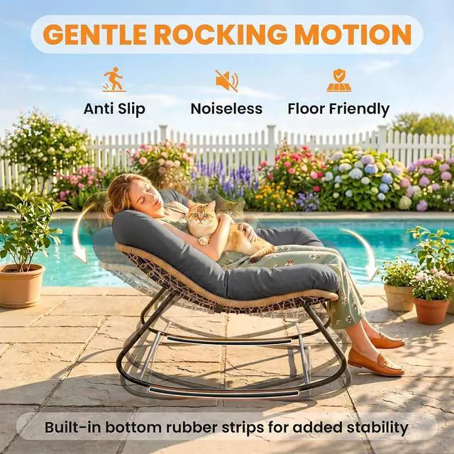 Alt view image 6 of 7 - Papasan Rocking Chair Oversized Indoor Outdoor Cushion Dark Gray | Wicker, PE Rattan, Outdoor Rocker Egg Chairs, Living Room, Garden, Patio, Balcony