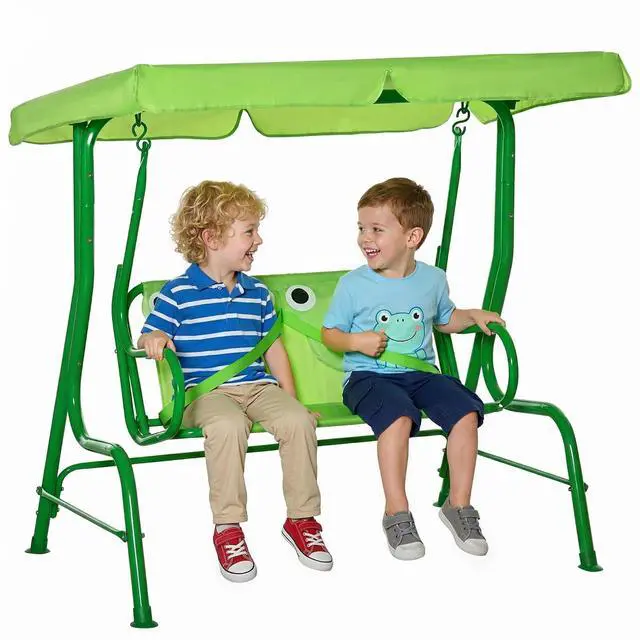 Main image of Kids Patio Swing 2-Seater Adjustable Canopy Safety Belt Green | Outdoor, Monkey Pattern Hanging Swing Bench, Garden Backyard