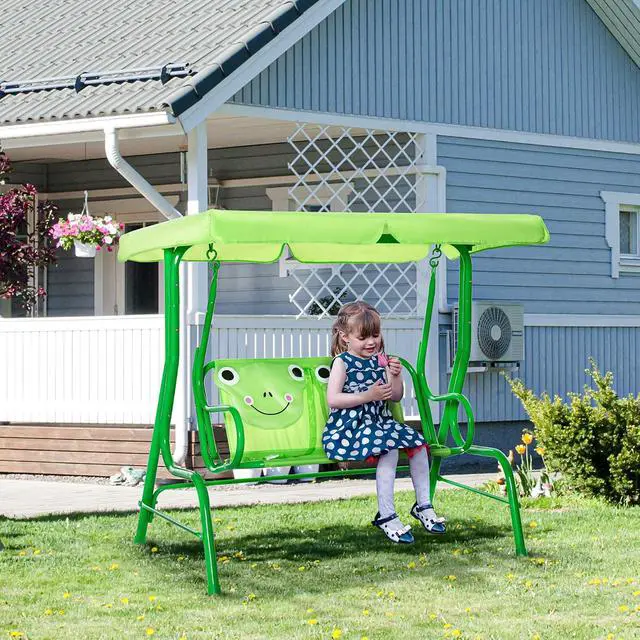 Alt view image 2 of 7 - Kids Patio Swing 2-Seater Adjustable Canopy Safety Belt Green | Outdoor, Monkey Pattern Hanging Swing Bench, Garden Backyard