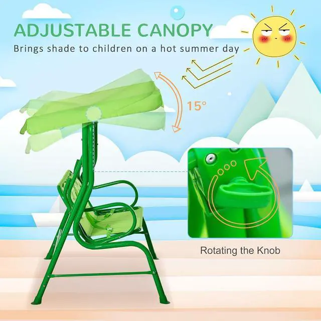 Alt view image 3 of 7 - Kids Patio Swing 2-Seater Adjustable Canopy Safety Belt Green | Outdoor, Monkey Pattern Hanging Swing Bench, Garden Backyard