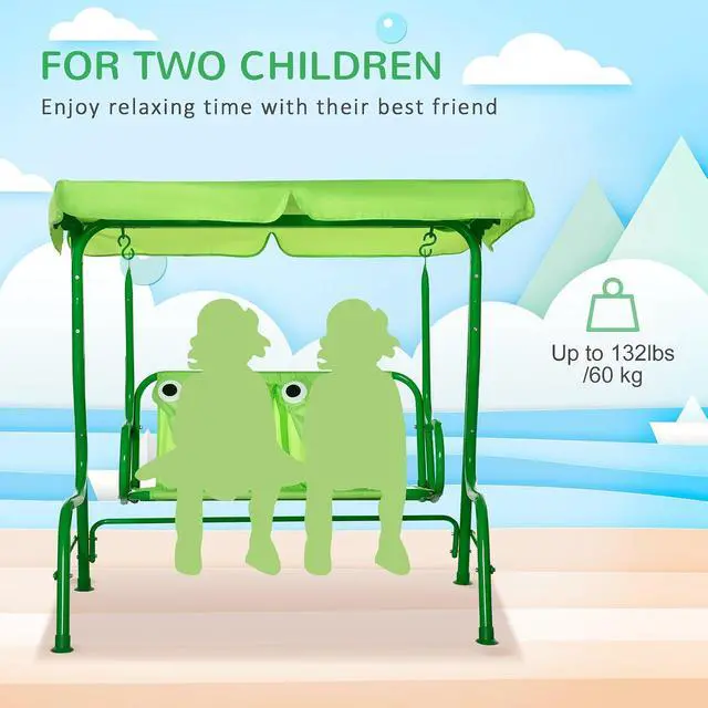 Alt view image 4 of 7 - Kids Patio Swing 2-Seater Adjustable Canopy Safety Belt Green | Outdoor, Monkey Pattern Hanging Swing Bench, Garden Backyard