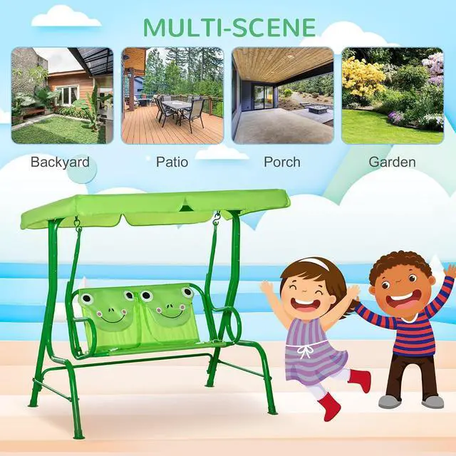 Alt view image 5 of 7 - Kids Patio Swing 2-Seater Adjustable Canopy Safety Belt Green | Outdoor, Monkey Pattern Hanging Swing Bench, Garden Backyard